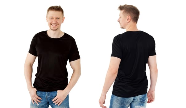 Attractive young man in a black T-shirt isolated on a white background, isolaled on a white background, front and back views. Blank for your design.