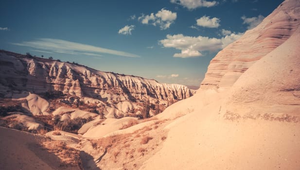 Panoramic view of canyon in Cappadocia under sunlights, Turkey