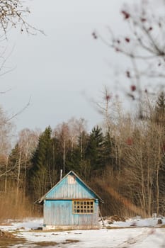 Spring countryside landscape.Small wooden house with forest