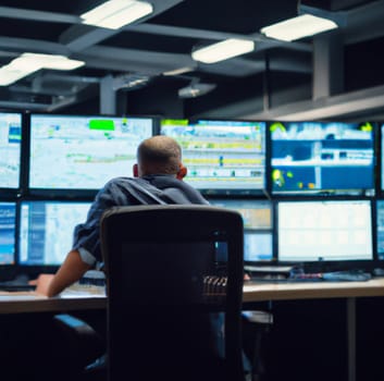 2 Smart Male IT Programer Working on Desktop Computer in Data Center Technical System Control Room. Team of Young Professionals Programming in Coding Language, Generative Ai. High quality photo