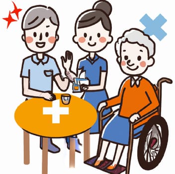 Wheelchair long-term care elderly helper, Medical concept design with nurse and patient, ilustration in trendy flat style isolated on white background, Men and women in long-term care snuggling up to a wheelchair for elderly women ilustr