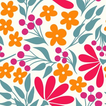 Hand drawn seamless pattern with retro flowers, vintage floral design with red orange flowers sage green leaves on off-white background. Natural colorful bright fabric print, for wallpaper textile, 50s 50s style