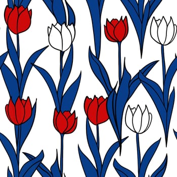 Hand drawn seamless pattern 4th of july patriotic Independence day floral tulip flower print. Red blue white fourth july american us holiday design, usa america celebration