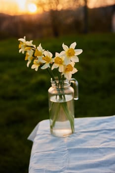 aesthetic photograph of daffodil bouquets standing on a street table. High quality photo