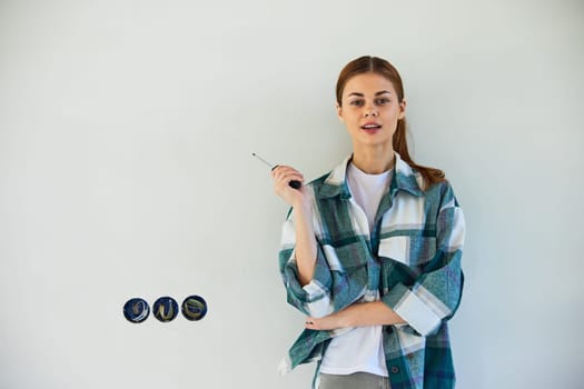 happy, smiling woman stands with a screwdriver and fixes sockets on a light wall. High quality photo