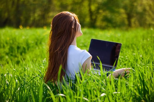 woman with laptop sitting with her back to the camera in a field. High quality photo