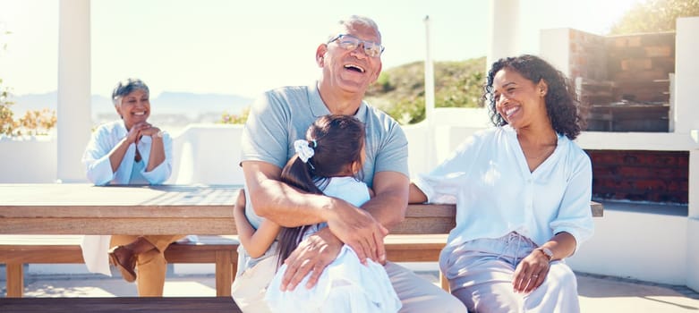 Family, outdoor and laughing on vacation with child, mother and grandpa on a bench with love and care. Girl, woman and man or grandparents happy in summer for hug, fun and happiness on holiday patio.