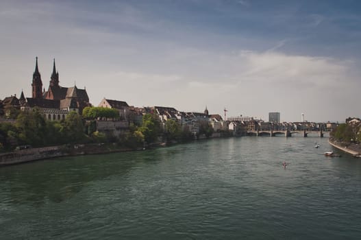 Beautiful architecture of Basel, Switzerland, at the River Rhine on a sunny day