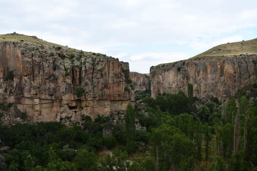View of the Ihlara valley with cliff edge and forest in Aksaray, Central Anatolia, Turkey