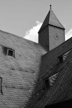 Slate roof of the medieval building Grosses Heiliges Kreuz in Goslar, Germany