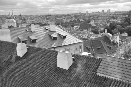 Grayscale of the roofs of Prague Old Town in Prague, Czech Republic