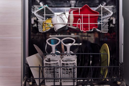 dishwasher screwed up with dirty dishes, concept of cleaning at home and in the kitchen