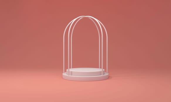 Cage with podium for display products on pastel pink background. 3d rendering.
