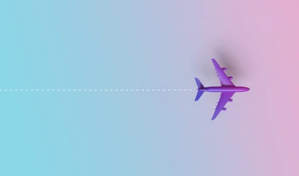 Purple airplane on gradient background. Travel concept. 3D rendering.
