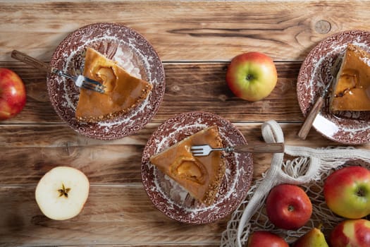 Thanksgiving Rustic wooden table setting with apple pie, home baking, High quality photo