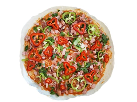 fresh pizza with vegetables prepared for baking, isolate on a white background.