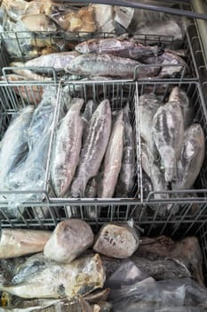 Frozen Seafood and fish in fridge at the fish market. Healthy eating and fish market concept