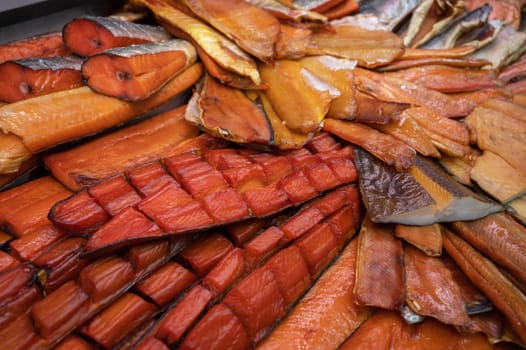 Various smoked fish products. Healthy eating and fish market concept