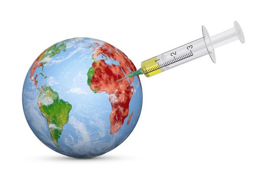 Syringe injection into planet Earth. 3d render. Elements of this image furnished by NASA.