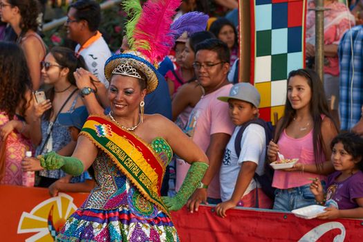 Arica, Chile - January 23, 2016: Morenada dance group performing a traditional ritual dance as part of the Carnaval Andino con la Fuerza del Sol in Arica, Chile.