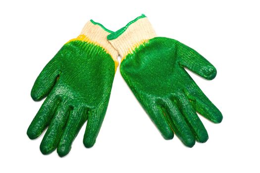 Green rubber gloves close up, isolate on a white background