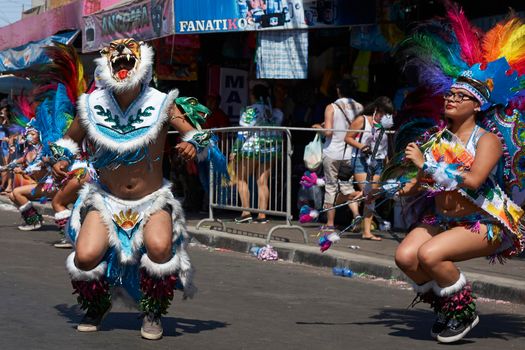 Arica, Chile - January 23, 2016: Tobas dancers in traditional Andean costume performing at the annual Carnaval Andino con la Fuerza del Sol in Arica, Chile.