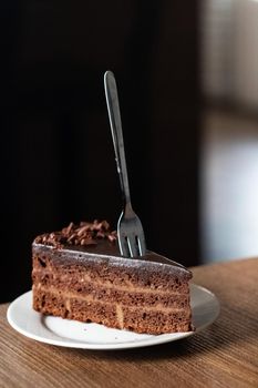 Chocolate cake on a plate and fork close up, copy space