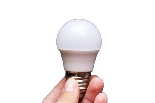 White light bulb in hand isolated on white background