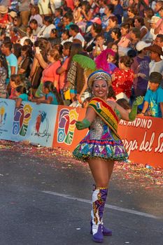 Arica, Chile - January 23, 2016: Morenada dance group performing a traditional ritual dance as part of the Carnaval Andino con la Fuerza del Sol in Arica, Chile.