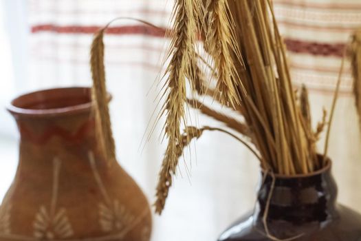Dry ears of wheat in a flowerpot on the table close up, copy space