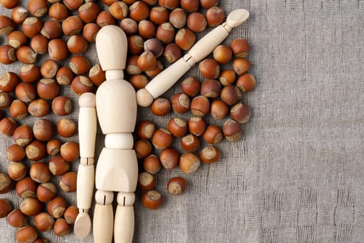 Hazelnut nuts on a linen napkin. Bulk Hazelnut kernel. Copy space