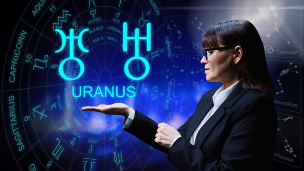 Astrological forecast, meaning, influence of planet Uranus. Serious woman on starry background showing Uranus sign symbol. Future forecast, astrology, horoscope, advice, universe, exoteric concept