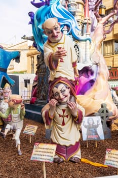 Burriana, Spain 18-03-2023: View of the sculpted monument for its exhibition and its burning in the Burriana fallas festivities.