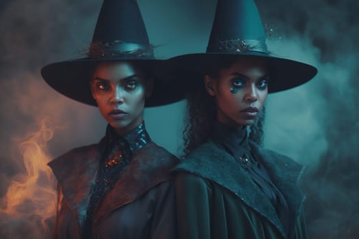 Witch with making witchcraft, magic spells, hat conjuring. Spooky dark magic forest . Magician. Wide Halloween party art design. Terrifying scary personage, beautiful sorceress.