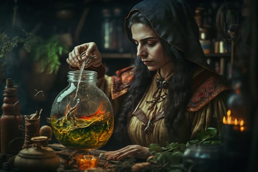 Witch with making witchcraft, magic spells, hat conjuring. Spooky dark magic forest . Magician. Wide Halloween party art design. Terrifying scary personage, beautiful sorceress.