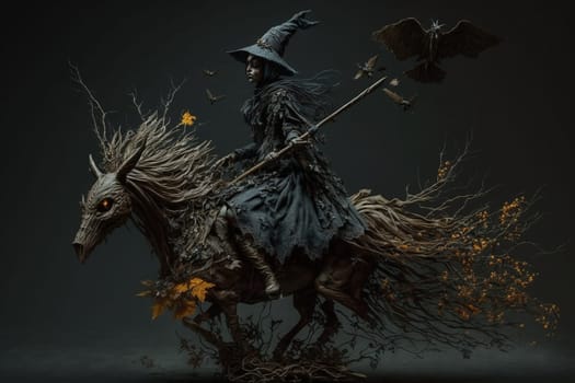 Witch with making witchcraft, magic spells, hat conjuring. Spooky dark magic forest . Magician. Wide Halloween party art design. Terrifying scary personage, beautiful sorceress.