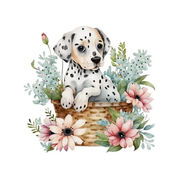Baby Dalmatian Puppy in Flower Basket. Cute puppy in basket watercolor illustration for design element, invitation card, sublimation, painting, wall art and more.