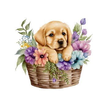 Baby Golden Retreiver Puppy in Flower Basket. Cute puppy in basket watercolor illustration for design element, invitation card, sublimation, painting, wall art and more.