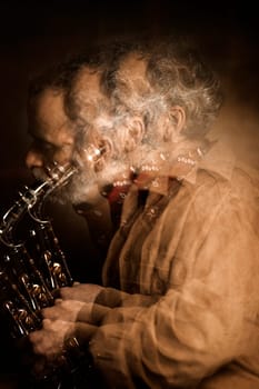 Saxophone player Saxophonist playing jazz music instrument Jazz musician playing sax alto, Profile shot of a musician playing a saxophone isolated on black background, High quality photo