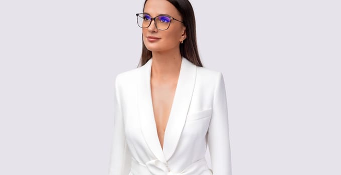 Optical template with copy space. Stylish photo of a model wearing glasses. Download an image to advertise your optics store. Mockup for glasses shop advertisement