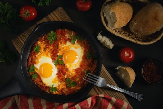 Shakshuka from two eggs in tomato sauce with fresh tomatoes, spices and herbs in a black frying pan. Close-up scrambled eggs.