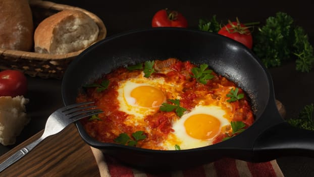 Shakshuka from two eggs in tomato sauce with fresh tomatoes, spices and herbs in a black frying pan. Close-up scrambled eggs.