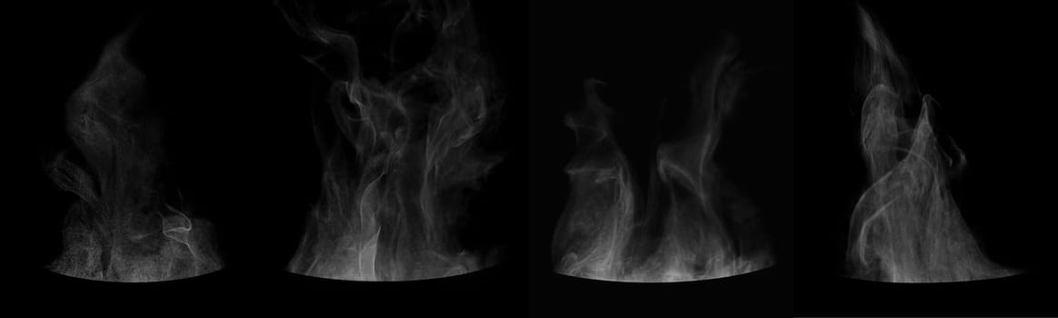 Set of steam from round dishes - pots, mugs or cups isolated on black background.