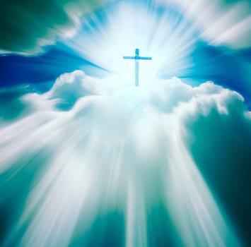 Religious background with Holy Cross glowing. Christian cross in a sky with some clouds. Cross Crucifixion Of Jesus Christ. Heaven and Hell. Crucifixion on a white background, religion can be used as a background. Christian cross in the sky. Generative AI High quality photo