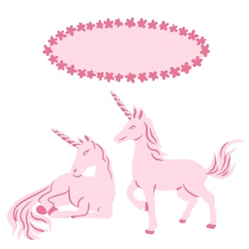 Hand drawn illustration of pink unicorn. Oval frame. Pastel mythological horse creature n cartoon girly style for kids nursery decor, cute kawaii animal, simple fairy tale art