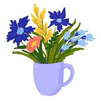 Hand drawn illustration of blue wild flowers in cup. Floral summer spring design for poster invitation, bloom blossom nature foliage leaves bouquet in cartoon doodle style, cafe decoration