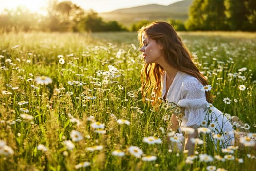 a beautiful woman in a light dress sits in a field of daisies against the backdrop of the setting sun and inhales their fragrance. High quality photo