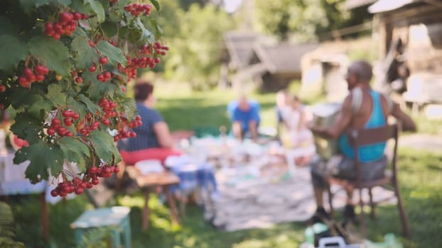 A family picnic of adults in the countryside against the backdrop of a red berry tree