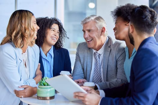 Business people, tablet and laughing for funny meme, joke or social media post together at the office. Corporate CEO laugh with employees on touchscreen for fun comedy or team building at workplace.