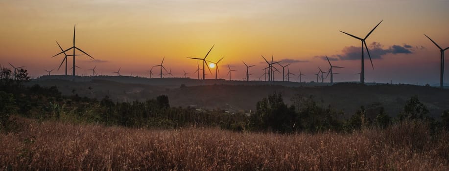Beautiful landscape. Field on foreground wind turbines on foreground at sunset. Panorama